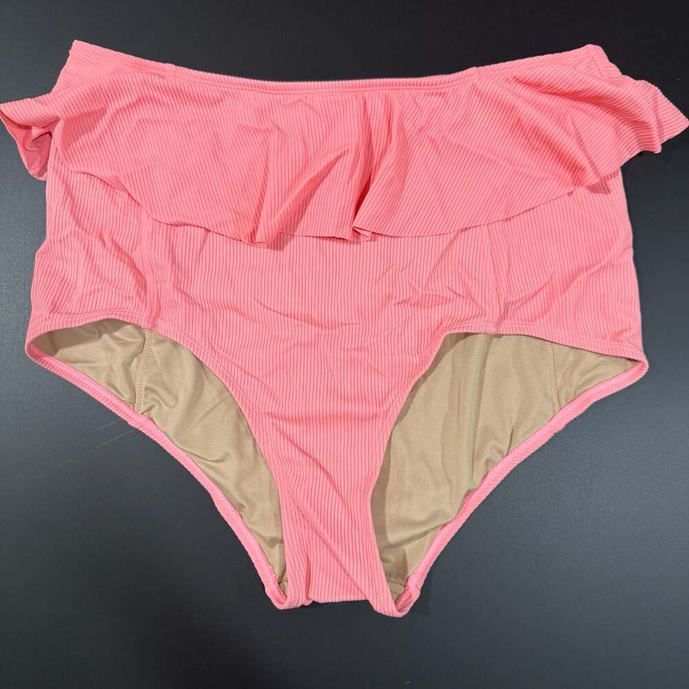 Kortni Jeane Pink Ribbed High Waisted Ruffle Bikini Bottoms size large